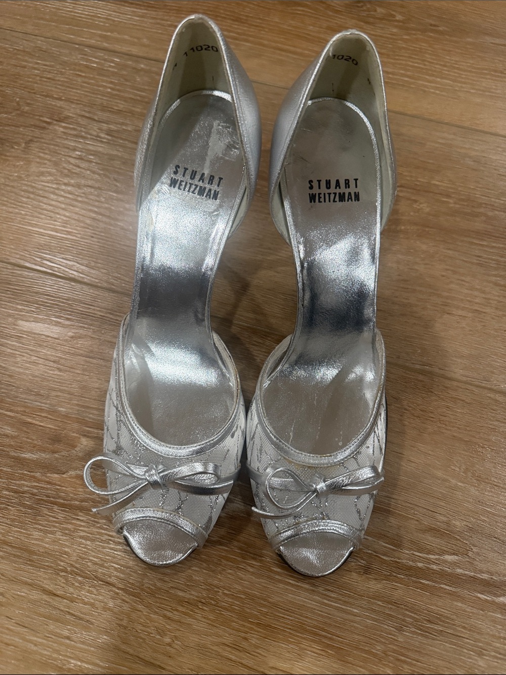 Stuart Weitzman Metallic Silver Open-Toe Bow Heels